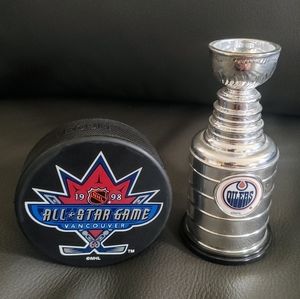 1998 Official NHL All Star Game Puck & Edmonton Oilers Labatts Mini Stanley Cup